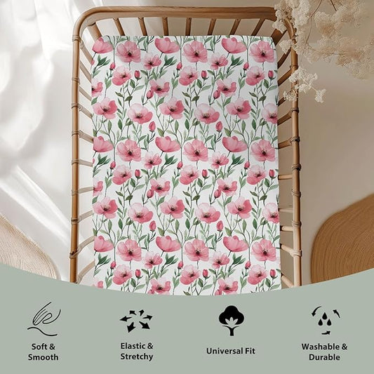 Watercolor Red Poppies Baby Crib Sheets for Boy Girl 28"x52" Vintage Poppies Flowers Soft Stretchy Fitted Crib Mattress Cover Spring Summer Baby Sheet Fits for Standard Crib and Toddler Mattress