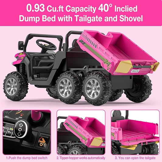 2-Seater Kids Ride On Dump Truck, 75W Electric Ride On UTV Toys with Remote Control, Dump Bed, PP Tire x 6, LED Light & Music, 24V 4WD Power Ride On Truck Car for Boys Girls (Red)