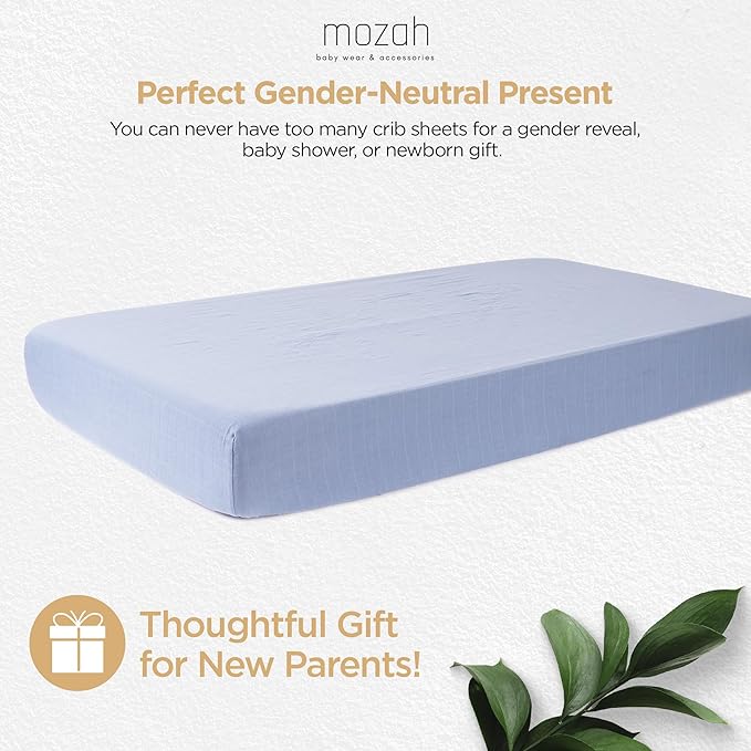 MOZAH Organic Muslin Crib Sheets, Soft and Breathable Bedding for Baby Girls or Boys, Snug Fitted Sheet for Standard Cribs & Toddler Mattresses, 2 Pack, Blue