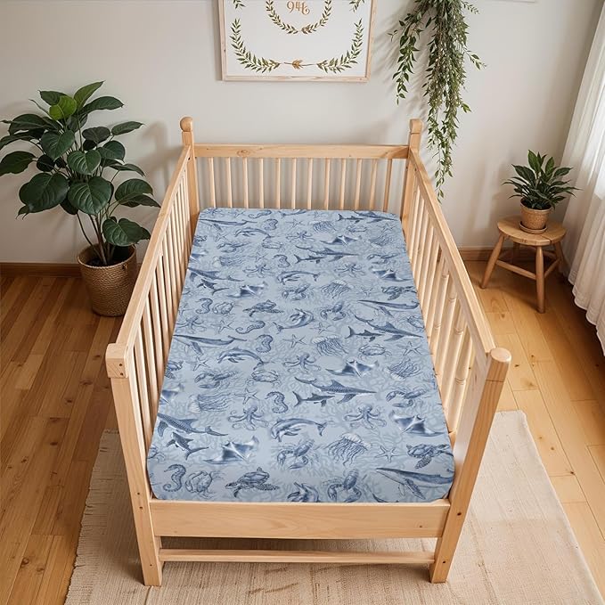 Retro Marine Animals Baby Crib Sheets Boy Girl 28"x52" Whale Dolphin Jellyfish Sea Horse Turtle Coral Soft Snug Fitted Crib Mattress Cover Ocean Animal Baby Sheet for Standard Crib & Toddler Mattress