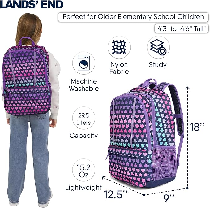 Lands' End Unisex Kids Large ClassMate Lightweight Durable Elementary School Backpack, Rose Violet