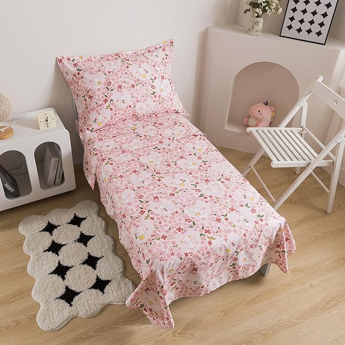 Caressma Toddler Bedding Set 4 Pieces Bed-in-a-Bag,Smooth Fabric Print Lovely Rabbit and Pink Flower for Baby & Kids,Includes Comforter,Fitted Sheet,Flat Sheet& Pillow Case for All Seasons