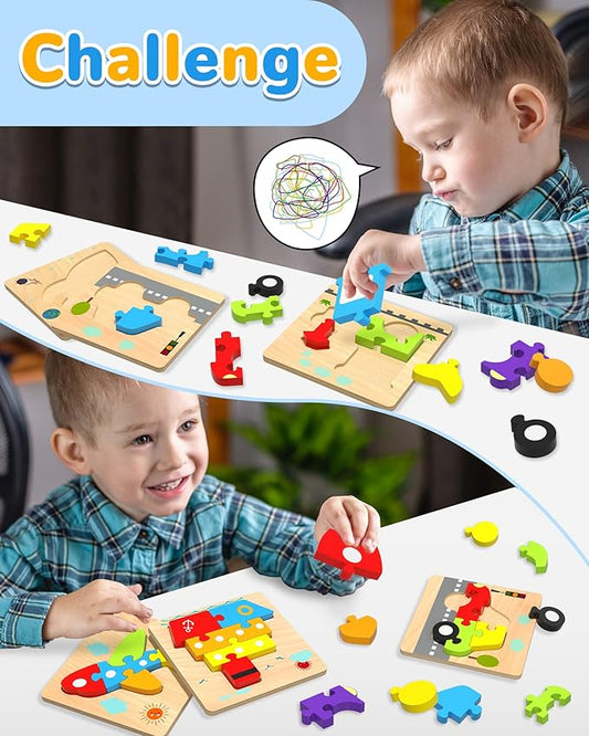 Yetonamr Wooden Toddler Puzzles Gifts Toys for Boys Girls, 4 Vehicle Shape Montessori Toy Educational Blocks Kids Toys Gift Baby Learning Toy