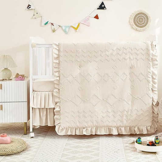 3-Piece Tufted Ruffle Crib Bedding Set for Girls - Ultra Soft Baby Bedding Set Includes Boho Crib Comforter, Sheet & Skirt (Beige)