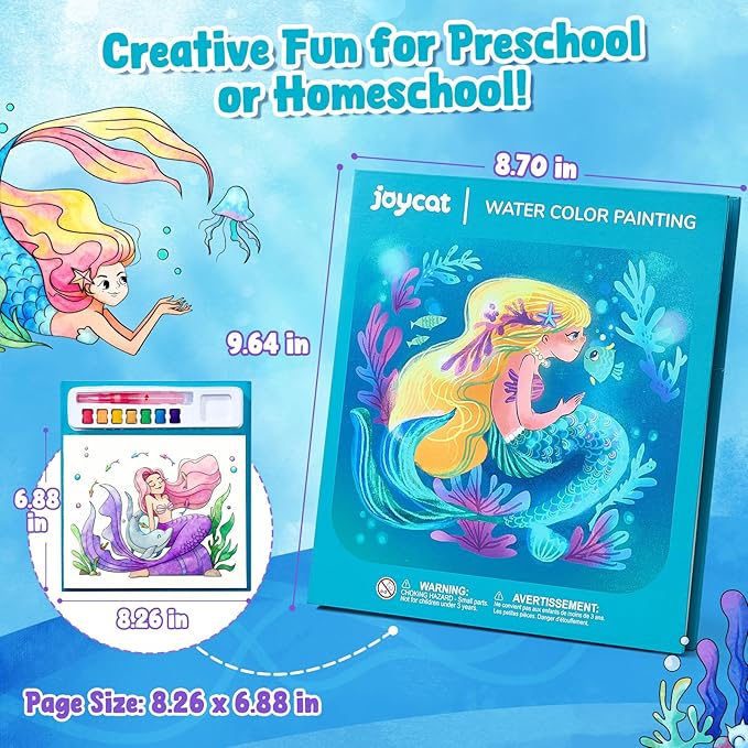 JoyCat Paint with Water Coloring Books for Toddlers, Watercolor Painting Sets for Kids Ages 3-5 4-8, Arts and Crafts Drawing Activities Toy Birthday Gift for Boys Girls (Ocean Princess)