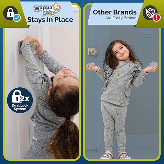 Child Safety Door Knob Cover (4 Pack) Hard-to-Remove Dual-Lock Door Handle Covers for Kids - Reusable Baby Proof Door Knob Locks - Installs Easily, No Tools Needed (Transparent)
