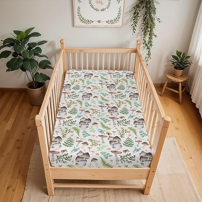 Vintage Mushroom Baby Crib Sheets for Boy Girl 52x28Inch Colorful Mushrooms Leaves Soft Snug Fitted Crib Mattress Cover Magical Plant Baby Sheet for Standard Crib & Toddler Bed Mattress