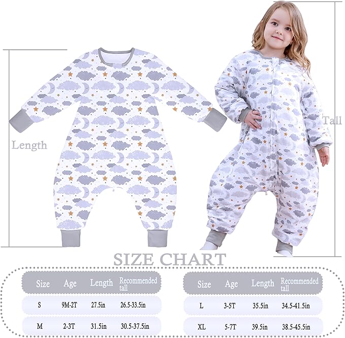 Toddler Sleep Sacks 2.5 TOG Winter Long Sleeve Sleep Sack with Legs 2-Way Zipper Baby Wearable Blanket