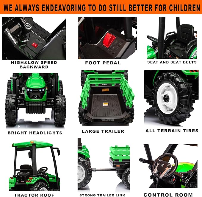 Kidsera 24V Ride on Tractor with Trailer, 4-Gearbox 24volt Dual Motors Metal Frame Battery Powered Electric Tractor Kids Electric Vehicles Power Wheels 24v Ride on Toys for Big Kids (Green)