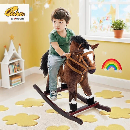 Qaba Kids Wooden Plush Ride-On Rocking Horse Chair Toy with Realistic Sounds Dark Brown/White