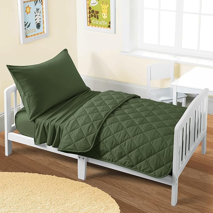 FLXXIE 4 Pieces Toddler Bedding Set, Soft and Breathable Microfiber Crib Sheet Set, Includes Quilted Comforter, Flat Top Sheet, Fitted Sheet, Envelope Pillow Case for Boys and Girls, Olive