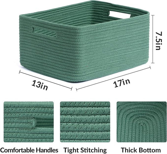MiniArk Large Storage Baskets for Shelves, Closet Organizers Bins for Clothes Blanket Towels, Baby Nursery, Toy Baskets Box, Woven Rope Baskets, 17 x 13 x 7.5”, 2 Packs Green