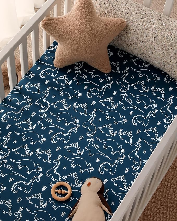 Yoofoss Baby Crib Sheets 2 Pack for Boys and Girls - 52x28 Fitted Crib Sheet Neutral Fits for Standard Crib and Toddler Mattress, Ultra Soft Breathable Microfiber Dark Blue Dinosaurs