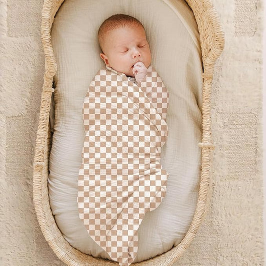 Konssy Muslin Swaddle Blankets for Girls Boys, 2 Pack Receiving Baby Blanket Large 47 x 47 inches, Soft Breathable Swaddling Wrap for Unisex Newborn (Coffee Check,Moon)