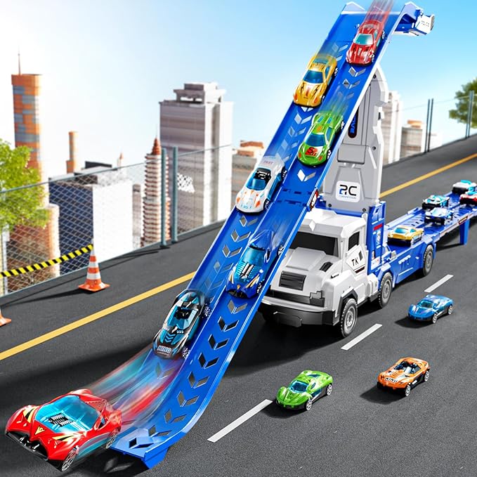 Toddler Car Truck Toys for 3 4 5 6 7 8 Years Old Boys, Transporter Truck Toy Track Set with 12 Die-Cast Car Toys, Toy Gifts for 3 4 5 6 Year Old Boys Kids
