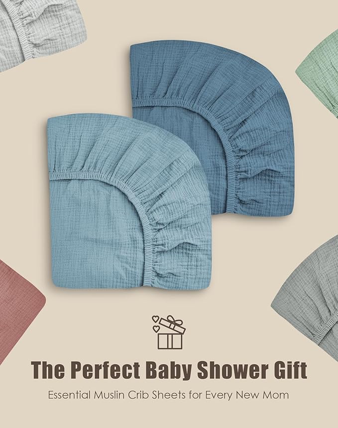 SWEET DOLPHIN 2-Pack Muslin Crib Sheets for Boys & Girls, Ultra Soft Breathable 40S Long-Staple Cotton Fitted Baby Sheets for Standard Crib Mattress 52"x28", Light Navy- Nursery Essentials