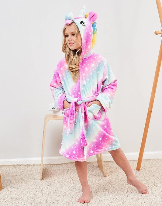 Soft Unicorn Hooded Robe with Matching Slippers Headband and Blindfold for Girls