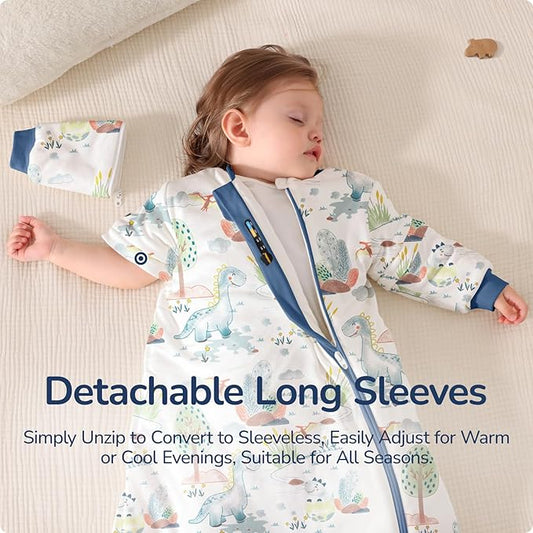 Baby Sleep Sack 6–12 Months, 2.5 TOG Warm Cotton Sleep Sack with Detachable Long Sleeves, Winter Wearable Blanket for Cold Nights, 2-Way Zipper Toddler Sleeping Sack, Dinosaur