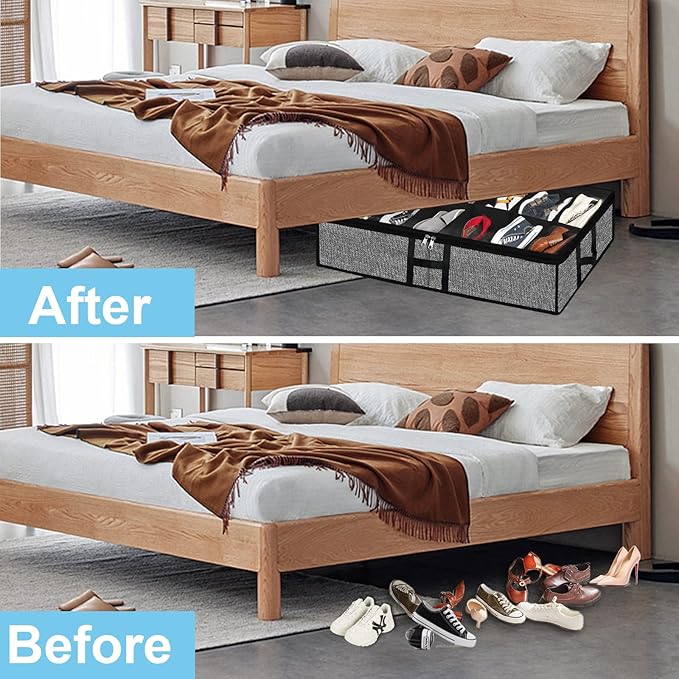 Meerainy Under Bed Shoe Organizer Storage for Closet 2 Pack- Fits 24 Pairs Underbed Shoes Container Boxes with H Shap Sturdy Handles and Clear Window,Foldable Shoe Rack Holder,Black