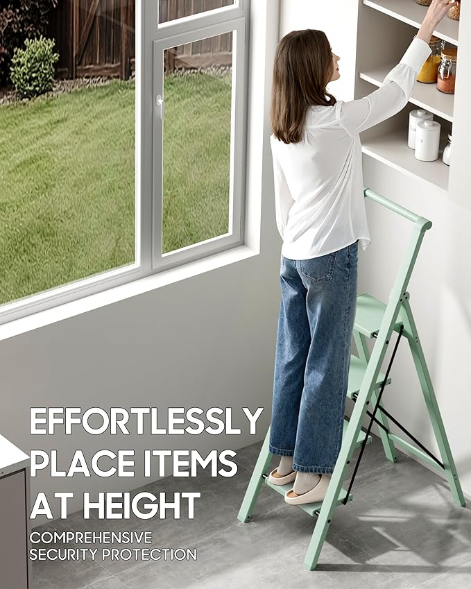 HillhutApex 4 Step Foldable Aluminum Step Ladder with Handgrip, Anti-Slip Pedal, 330 lbs Capacity, Lightweight & Portable for Home, Kitchen, Office, Garage (Pale Green)