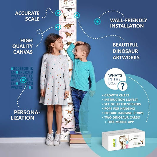LIFELIKO Personalised Growth Chart for Dinosaur Lovers, Removable Wall Ruler for Boys and Girls, Kid’s Room Decoration (Pink)