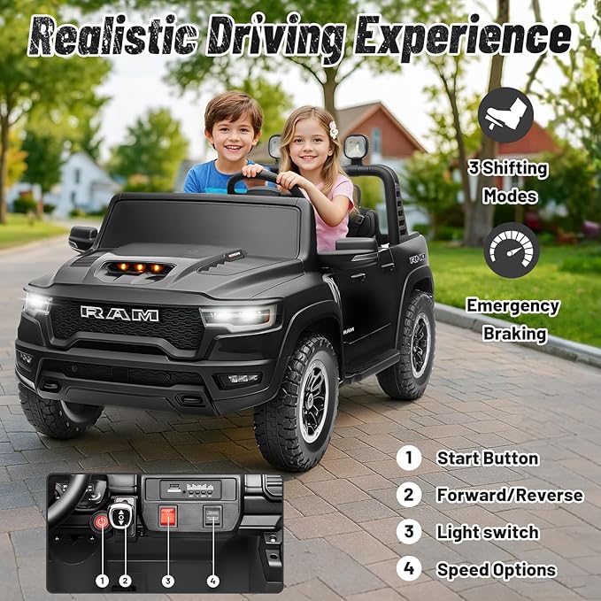 Electric Car for Kids, Licensed Ram 1500 RHO, 24V Ride on Toys for Big Kids, Battery Powered with Parent Remote Control, LED Light/Music/MP3, Back Storage, Black, Roll Bar