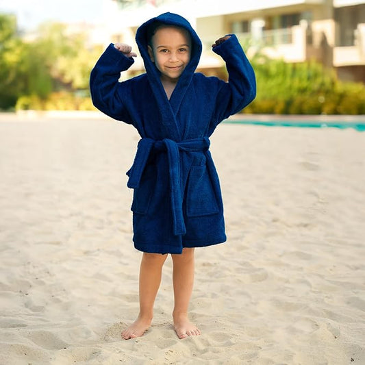 BAGNO MILANO Kids Organic Turkish Cotton Hooded Beach Cover-Up Towel, GOTS Certified, for Boys and Girls (Navy, 7-8 Years)