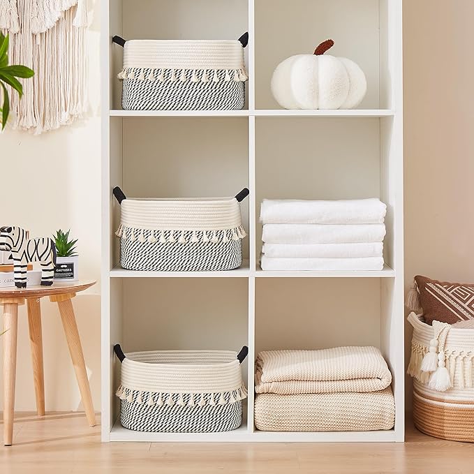 BUBUSUN Storage Bins Woven Baskets for Storage Set of 3, Cotton Rope Basket with Handles for Toys/Shelves/Laundry, Rectangle Multi-Purpose Organizer for Living Room, Bedroom, Nursery (White/Black)