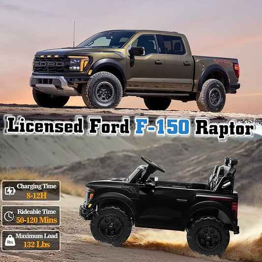 Licensed Ford F-150 Raptor 2 Seater Electric Car, 24V Ride on Car for Big Kids with Remote Control, Toddler Car w/4 Wheels Suspension, LED Lights, Bluetooth, Soft Start Function (24V, Black)