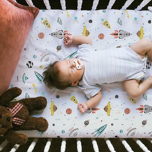 Astronaut Space Galaxy Baby Crib Sheet Outerspace Adventures 100% Soft Breathable Microfiber Baby Sheet Fits Standard Size Crib Mattress 28in x 52in Nursery Sheet -by UOMNY