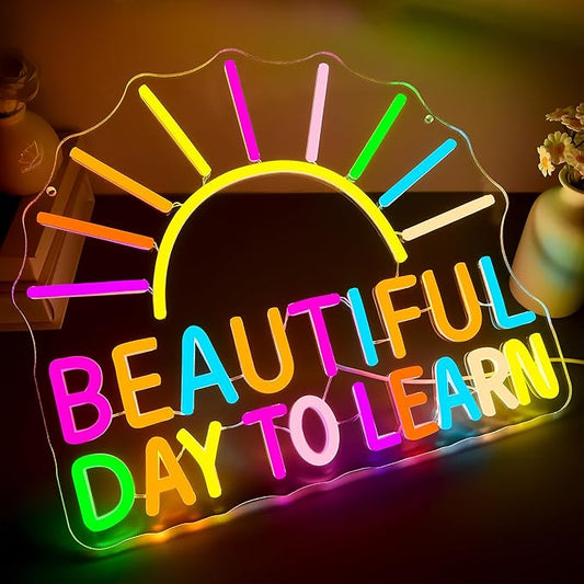 Beautiful Day To Learn Neon Sign for Wall Decor Dimmable Sunrise LED Neon Lights for Classroom Bedroom Decor Classroom Signs Positive Wall Art for Study Library Office Gifts Size 14.9 * 13in(GLNP301)