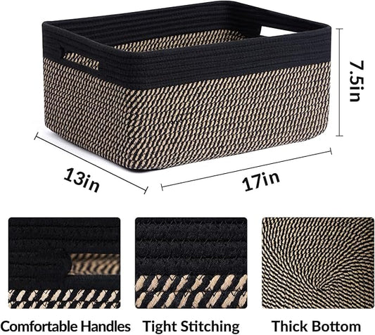 MiniArk Large Storage Baskets for Shelves, Closet Organizers Bins for Clothes Blanket Towels, Baby Nursery, Toy Baskets Box, Woven Rope Baskets, 17 x 13 x 7.5”, 2 Packs Woven Brown