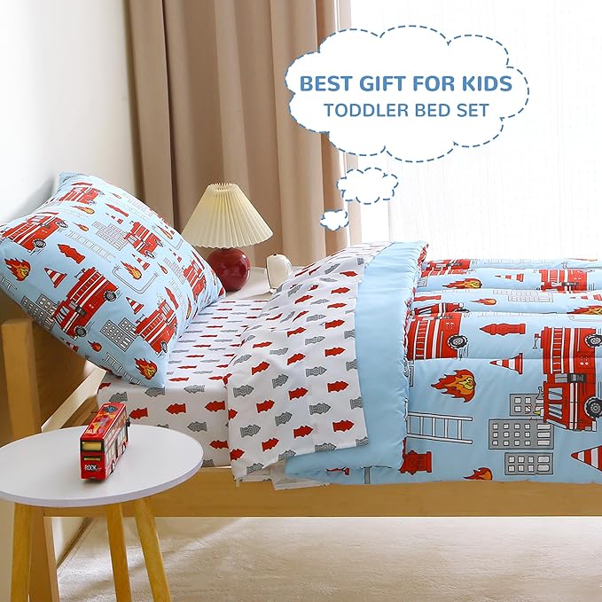 Mooreeke 4 Pieces Toddler Bedding Set - Fire Truck Blue Toddler Comforter Sets for Boys, Includes Comforter, Flat Sheet, Fitted Sheet and Pillowcase, Bed in A Bag for Baby Bedroom