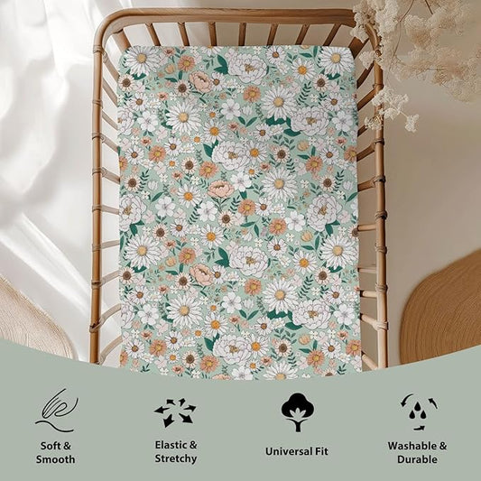 Spring Boho Floral Baby Crib Sheets for Boy Girl 28"x52" Neutral Green Flowers Leaves Soft Stretchy Fitted Crib Mattress Cover Pastel Peony Daisy Nursery Baby Sheet for Crib & Toddler Bed Mattresses