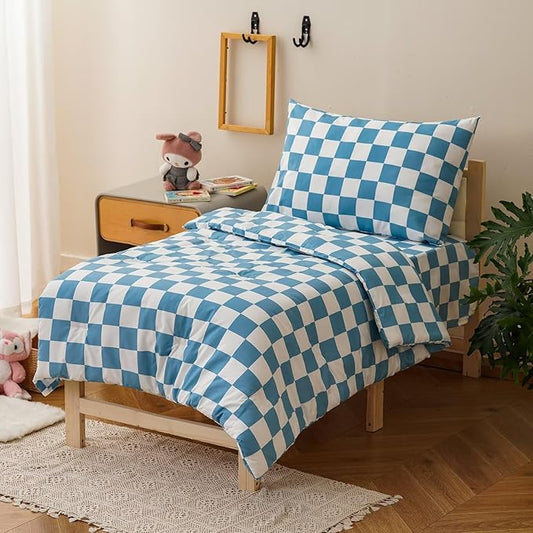 CLOTHKNOW 4 Pieces Plaid Toddler Bedding Sets for Boys Grils, Blue White Grid Pattern, Soft Crib Bed Set Including Comforter, Flat Sheet, Fitted Sheet and Pillowcase, Light Blue White