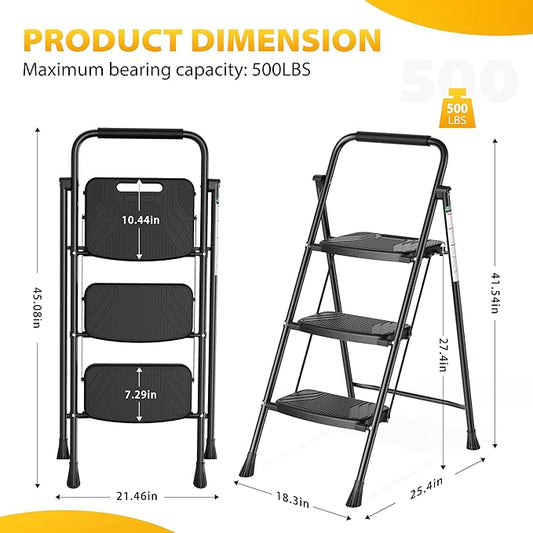 3 Step Ladder, Folding Step Stool with Wide Anti-Slip Pedal and Handrail, Safe-Lock Design, Lightweight, 500lbs Load, Sturdy Steel Ladder, Black