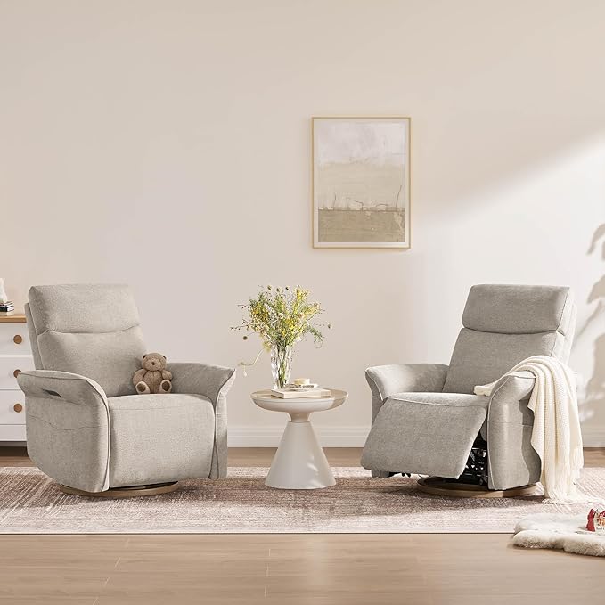CHITA Power Recliner Chair, Electric Triple-Motor Swivel Glider Nursery Rocking Chair with Adjustable Power Headrest and Lumbar Support, Solid Wood Base, Khaki Grey