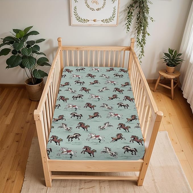 Vintage Wild Horses Baby Crib Sheets for Boy Girl 28"x52" Running Horse Soft Stretchy Fitted Crib Mattress Covers Wild Western Cowboy Animal Nursery Baby Sheet for Crib & Toddler Bed Mattress Green
