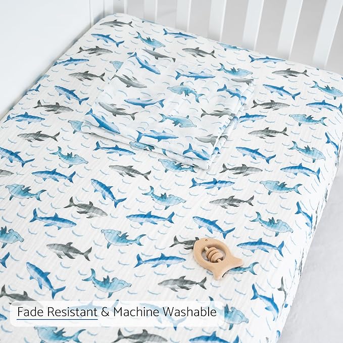 LollyBanks Fitted Crib Sheets for Boys, Soft 100% Cotton Baby Boy Sheet, Fits Standard Size Mattress 28 in x 52 in, Breathable Muslin Crib Sheet 1 Pack (Sharks Print)