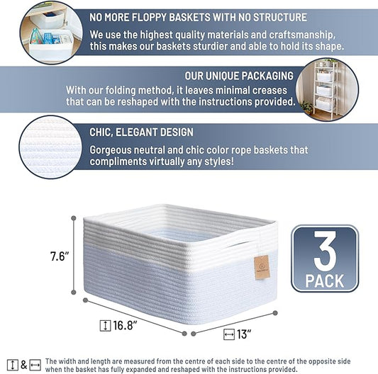 NaturalCozy Storage Baskets 16.8”x13”x7.6” Cotton Rope Woven Baskets for Organizing 3-Pack | Toy Storage Bins | Basket for Shelves, Laundry, Blanket, Clothes, Closet, Kitchen, Bathroom, Gifts