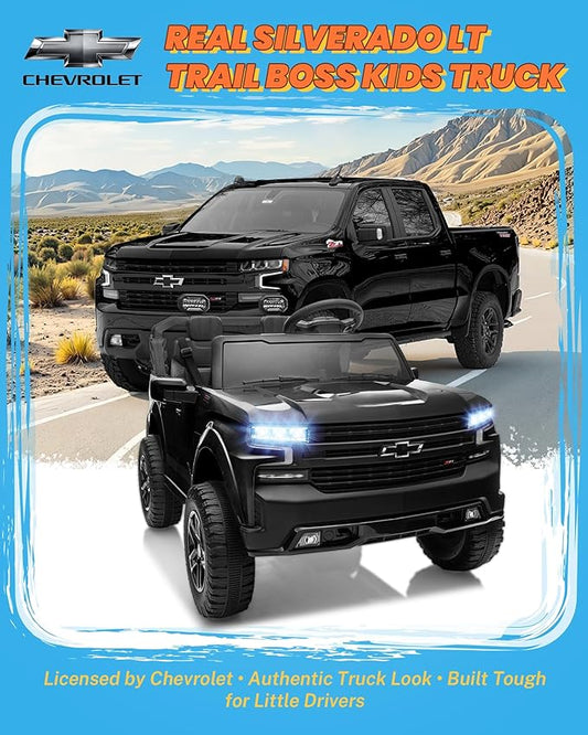 ENYOPRO 24V Ride on Toys for Big Kids, Licensed Chevy Silverado LT Trail Boss 2 Seater Ride on Car for Kids, Toddler Electric Car w/Remote Control, Safety Belt, Truck Bed, LED Lights, Bluetooth, Black