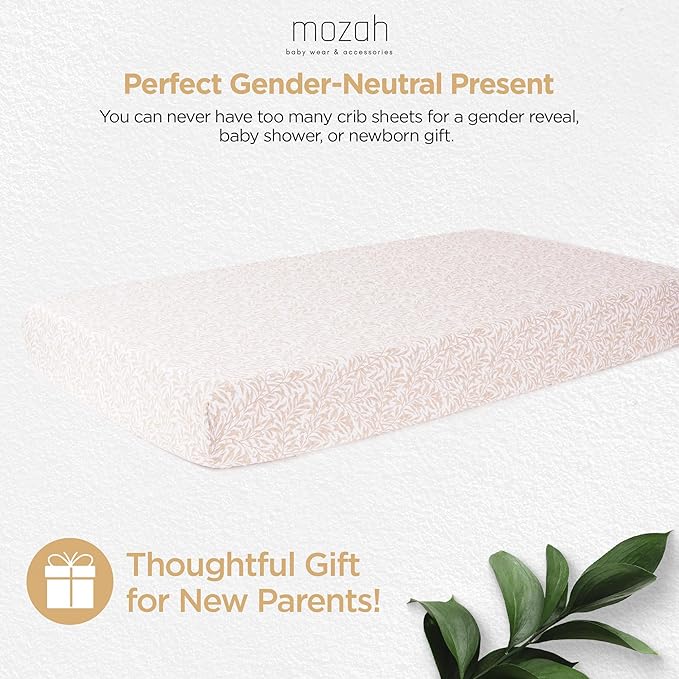 MOZAH Organic Muslin Crib Sheets, Soft and Breathable Bedding for Baby Girls or Boys, Snug Fitted Sheet for Standard Cribs & Toddler Mattresses, 2 Pack, Beige and Beige Leaves