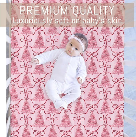 Preppy Pink Trees Bows Christmas Baby Crib Sheets for Girls Pink Christmas Trees Ribbon Soft Snug Fitted Crib Mattress Covers for 52''x28'' Standard Crib & Toddler Mattress Holiday Winter Baby Sheets
