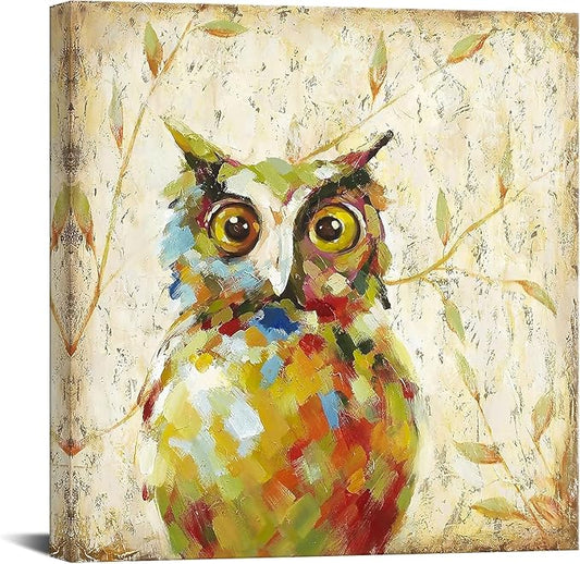 Funny Animal Owl Oil Paintings Canvas Wall Art for Kid's Room Decoration Wall Decor Ready to Hang 24x24 inch