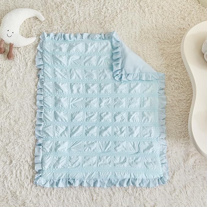 Ruffled Crib Bedding Set Baby Boho Quilted Comforter with Fitted Sheet and Bed Skirt - Cute Soft Breathable Seersucker Ruffled Shabby Chic Bedding Soft Blanket Design - Blue