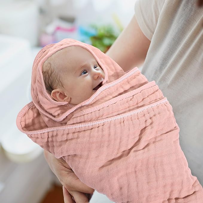 Peryiter 4 Pcs Muslin Hooded Baby Towels, 32x 32'' Cotton Newborn Bath Towel Muslin Infant Baby Blankets Absorbent Unisex Christmas Registry Gift Essentials for Girls Boys (Pink Series)