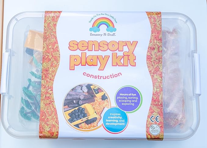 Construction Sensory Bin Kit for Kids – Taste-Safe Rice, Realistic Rocks & Logs, Durable Wooden Tools & Vehicles – Includes Storage Bin – Montessori-Inspired Sensory Play
