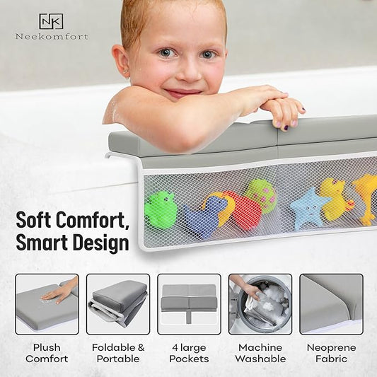 Bath Kneeler and Elbow Rest Pad Set – 1.5” Extra Thick Cushioned Kneeling Pad, Durable, Non-Slip Elbow Rest with Storage Pockets & 5 Bath Toys, Baby Bath Accessories Organizer