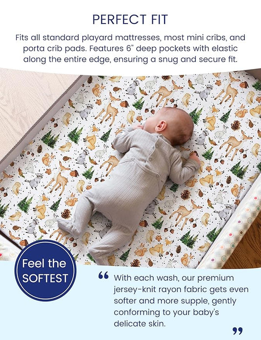 TotAha Premium Soft Graco Pack n Play Sheets Fitted, Super Stretchy Jersey Knit Mini Crib Sheets Fitted, Silky Comfort Pack and Play Mattress Sheets, 2 Pack (Forest Animals)