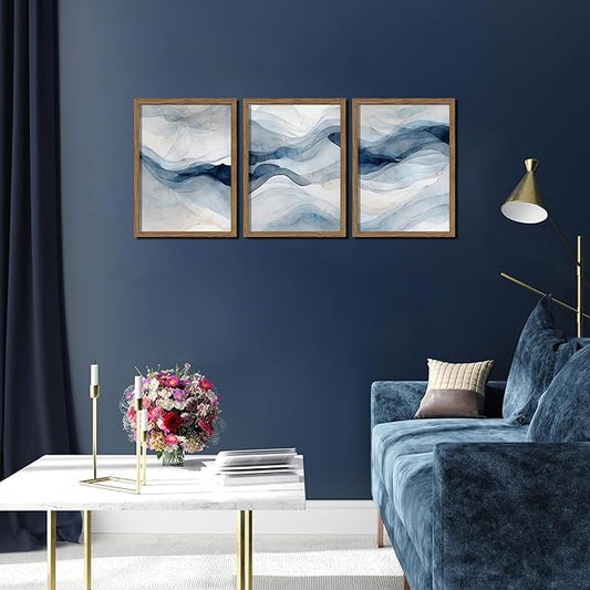 Blue Abstract Wall Art, Modern Navy Blue Abstract Canvas Wall Decor Paintings, Neutral Minimalist Texture Posters Prints Pictures for Living Room Bedroom Office Home Decor 12x16 Inch Wood Framed